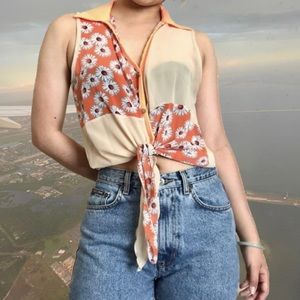 NWT Sheer Neon Sleeveless Floral Crop Tie Button Down Blouse
